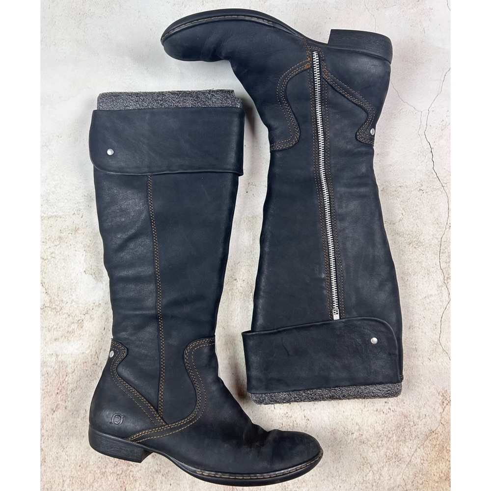 Born Tall Fold-Over Leather Riding Boots in Black with Gray Trim - Picture 14 of 15